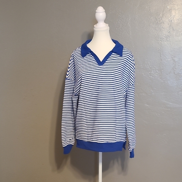 AlvaQ Womens Small Oversized Striped VNeck Drop Shoulders Tunic Top NWOT - Picture 2 of 9
